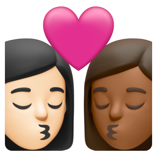 Emoji Nụ hôn: phụ nữ, phụ nữ, màu da sáng, màu da tối trung bình 👩🏻‍❤‍💋‍👩🏾 dạng 3D