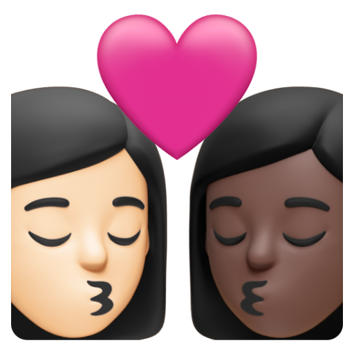 Emoji Nụ hôn: phụ nữ, phụ nữ, màu da sáng, màu da tối 👩🏻‍❤‍💋‍👩🏿 dạng 3D
