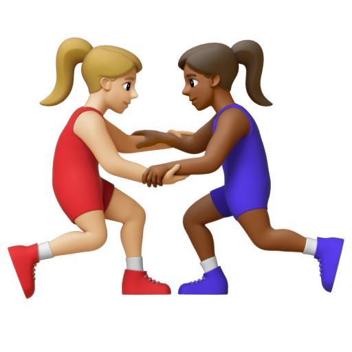 Emoji Những người phụ nữ chơi vật: màu da sáng trung bình, màu da tối trung bình 👩🏼‍🫯‍👩🏾 dạng 3D
