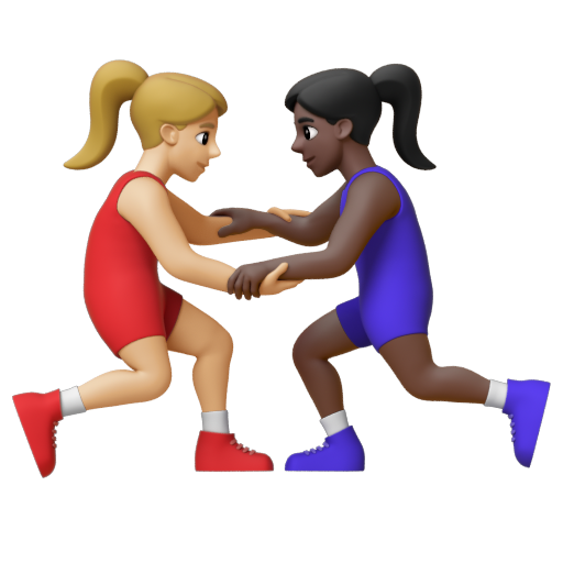 Emoji Những người phụ nữ chơi vật: màu da sáng trung bình, màu da tối 👩🏼‍🫯‍👩🏿 dạng 3D