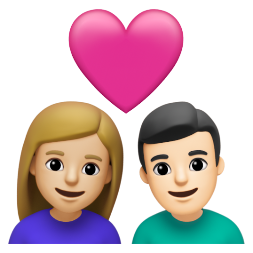 Emoji Cặp đôi với trái tim: phụ nữ, đàn ông, màu da sáng trung bình, màu da sáng 👩🏼‍❤‍👨🏻 dạng 3D