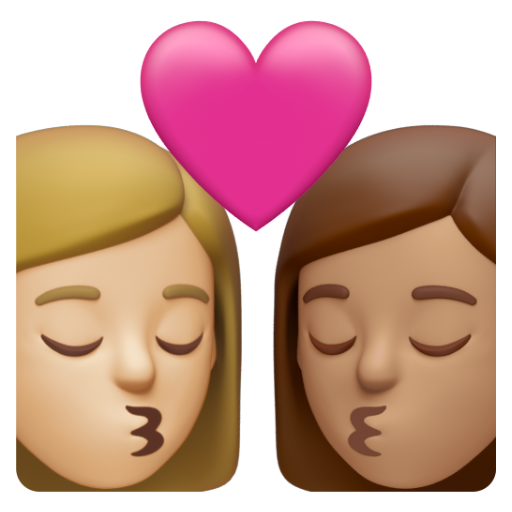 Emoji Nụ hôn: phụ nữ, phụ nữ, màu da sáng trung bình, màu da trung bình 👩🏼‍❤‍💋‍👩🏽 dạng 3D