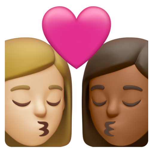 Emoji Nụ hôn: phụ nữ, phụ nữ, màu da sáng trung bình, màu da tối trung bình 👩🏼‍❤‍💋‍👩🏾 dạng 3D