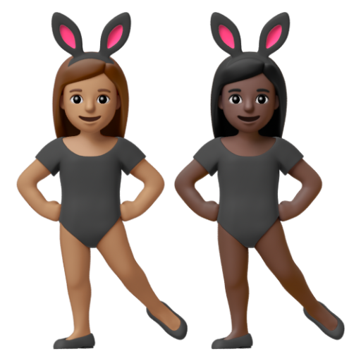 Emoji Những người phụ nữ đeo tai thỏ: màu da trung bình, màu da tối 👩🏽‍🐰‍👩🏿 dạng 3D