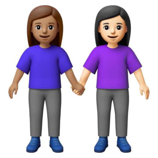 Emoji Hai người phụ nữ nắm tay: màu da trung bình, màu da sáng 👩🏽‍🤝‍👩🏻 dạng 3D