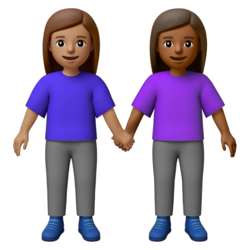 Emoji Hai người phụ nữ nắm tay: màu da trung bình, màu da tối trung bình 👩🏽‍🤝‍👩🏾 dạng 3D