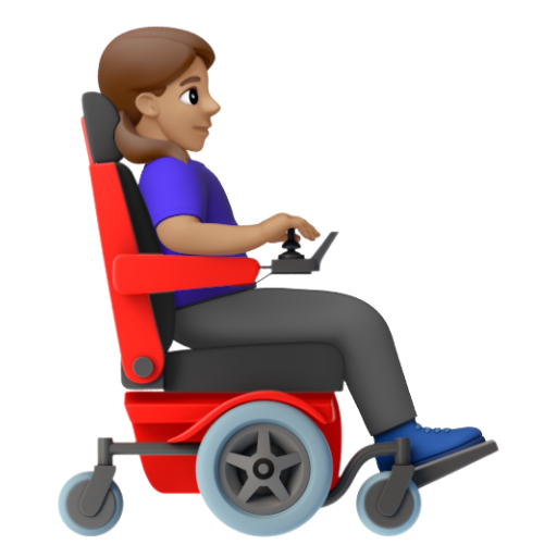 Emoji Người phụ nữ trên xe lăn điện: màu da trung bình, hướng sang phải 👩🏽‍🦼‍➡ dạng 3D