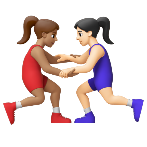 Emoji Những người phụ nữ chơi vật: màu da trung bình, màu da sáng 👩🏽‍🫯‍👩🏻 dạng 3D