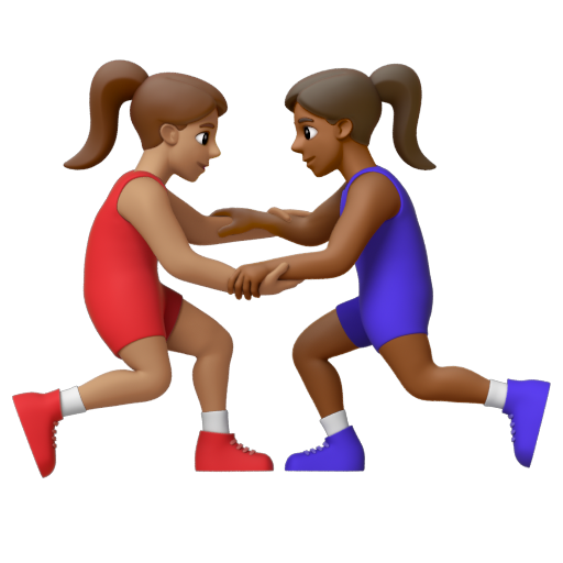 Emoji Những người phụ nữ chơi vật: màu da trung bình, màu da tối trung bình 👩🏽‍🫯‍👩🏾 dạng 3D