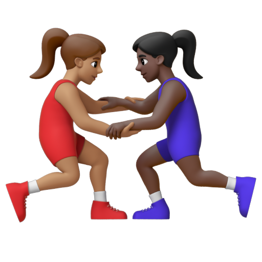 Emoji Những người phụ nữ chơi vật: màu da trung bình, màu da tối 👩🏽‍🫯‍👩🏿 dạng 3D
