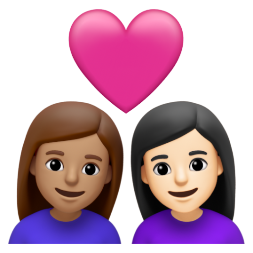 Emoji Cặp đôi với trái tim: phụ nữ, phụ nữ, màu da trung bình, màu da sáng 👩🏽‍❤‍👩🏻 dạng 3D
