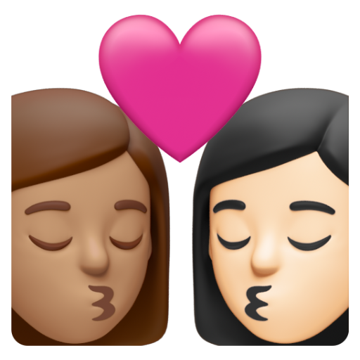 Emoji Nụ hôn: phụ nữ, phụ nữ, màu da trung bình, màu da sáng 👩🏽‍❤‍💋‍👩🏻 dạng 3D