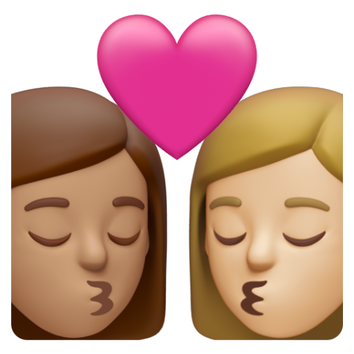 Emoji Nụ hôn: phụ nữ, phụ nữ, màu da trung bình, màu da sáng trung bình 👩🏽‍❤‍💋‍👩🏼 dạng 3D