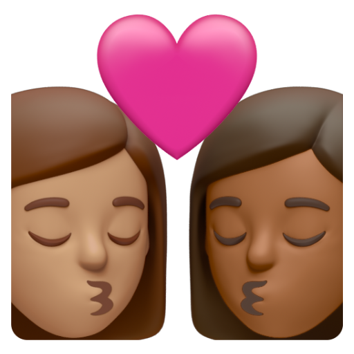 Emoji Nụ hôn: phụ nữ, phụ nữ, màu da trung bình, màu da tối trung bình 👩🏽‍❤‍💋‍👩🏾 dạng 3D