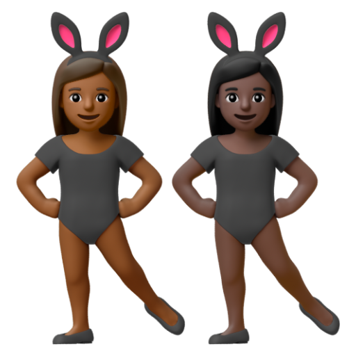 Emoji Những người phụ nữ đeo tai thỏ: màu da tối trung bình, màu da tối 👩🏾‍🐰‍👩🏿 dạng 3D