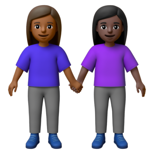 Emoji Hai người phụ nữ nắm tay: màu da tối trung bình, màu da tối 👩🏾‍🤝‍👩🏿 dạng 3D