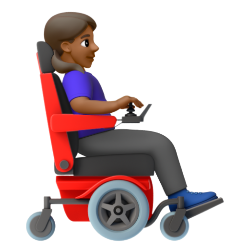 Emoji Người phụ nữ trên xe lăn điện: màu da tối trung bình, hướng sang phải 👩🏾‍🦼‍➡ dạng 3D