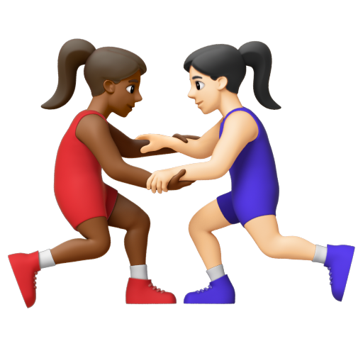 Emoji Những người phụ nữ chơi vật: màu da tối trung bình, màu da sáng 👩🏾‍🫯‍👩🏻 dạng 3D