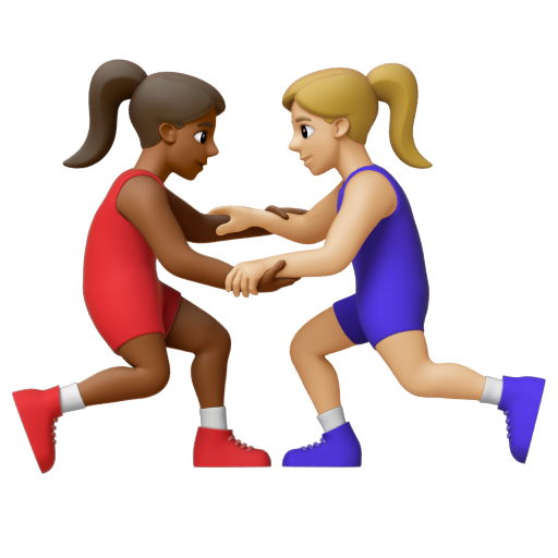 Emoji Những người phụ nữ chơi vật: màu da tối trung bình, màu da sáng trung bình 👩🏾‍🫯‍👩🏼 dạng 3D