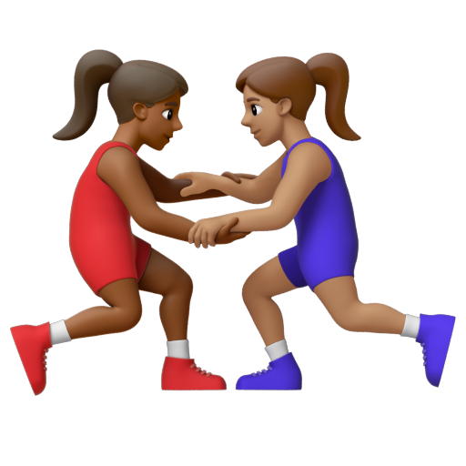 Emoji Những người phụ nữ chơi vật: màu da tối trung bình, màu da trung bình 👩🏾‍🫯‍👩🏽 dạng 3D