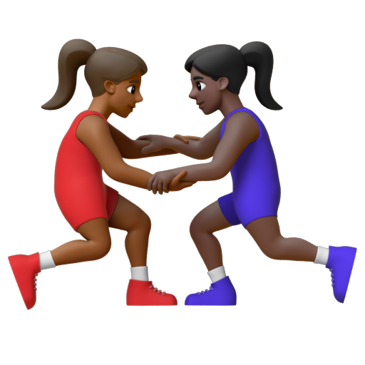 Emoji Những người phụ nữ chơi vật: màu da tối trung bình, màu da tối 👩🏾‍🫯‍👩🏿 dạng 3D