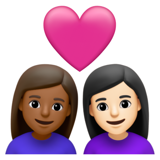 Emoji Cặp đôi với trái tim: phụ nữ, phụ nữ, màu da tối trung bình, màu da sáng 👩🏾‍❤‍👩🏻 dạng 3D