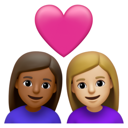 Emoji Cặp đôi với trái tim: phụ nữ, phụ nữ, màu da tối trung bình, màu da sáng trung bình 👩🏾‍❤‍👩🏼 dạng 3D