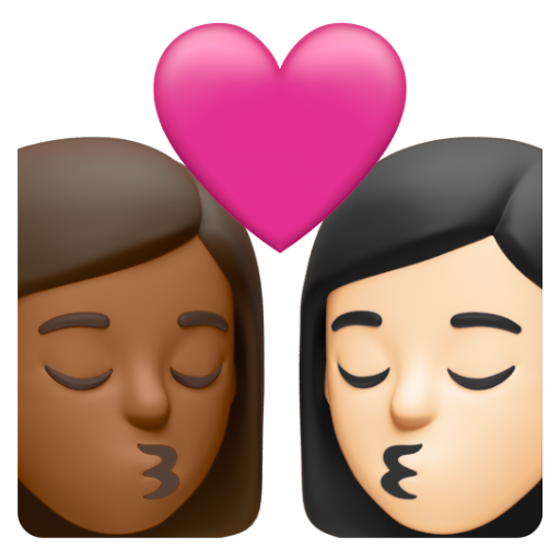 Emoji Nụ hôn: phụ nữ, phụ nữ, màu da tối trung bình, màu da sáng 👩🏾‍❤‍💋‍👩🏻 dạng 3D