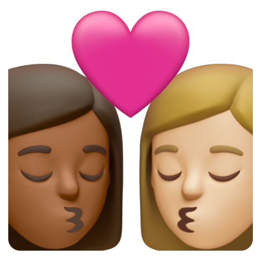 Emoji Nụ hôn: phụ nữ, phụ nữ, màu da tối trung bình, màu da sáng trung bình 👩🏾‍❤‍💋‍👩🏼 dạng 3D