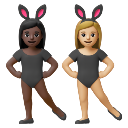 Emoji Những người phụ nữ đeo tai thỏ: màu da tối, màu da sáng trung bình 👩🏿‍🐰‍👩🏼 dạng 3D