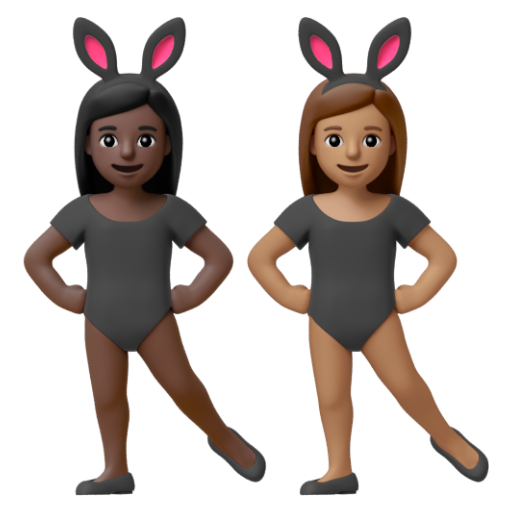 Emoji Những người phụ nữ đeo tai thỏ: màu da tối, màu da trung bình 👩🏿‍🐰‍👩🏽 dạng 3D