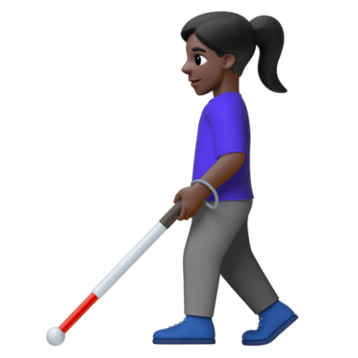 Emoji Người phụ nữ với gậy dò đường: màu da tối 👩🏿‍🦯 dạng 3D