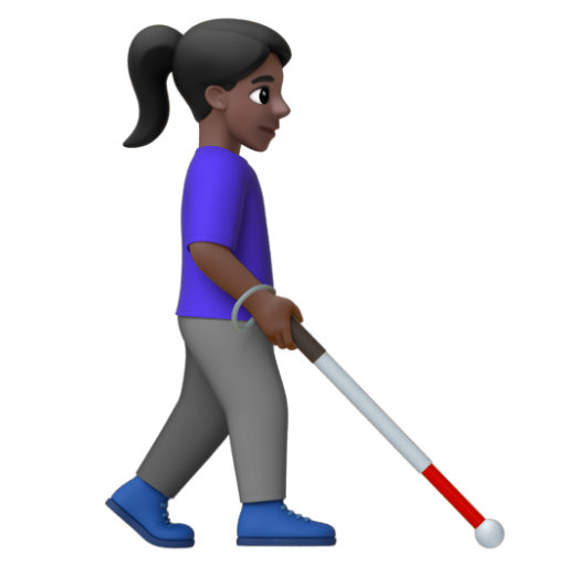 Emoji Người phụ nữ với gậy dò đường: màu da tối, hướng sang phải 👩🏿‍🦯‍➡ dạng 3D