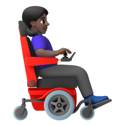Emoji Người phụ nữ trên xe lăn điện: màu da tối, hướng sang phải 👩🏿‍🦼‍➡ dạng 3D