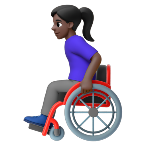 Emoji Người phụ nữ trên xe lăn tay: màu da tối 👩🏿‍🦽 dạng 3D