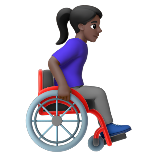 Emoji Người phụ nữ trên xe lăn tay: màu da tối, hướng sang phải 👩🏿‍🦽‍➡ dạng 3D