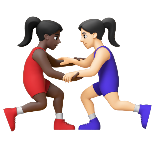 Emoji Những người phụ nữ chơi vật: màu da tối, màu da sáng 👩🏿‍🫯‍👩🏻 dạng 3D