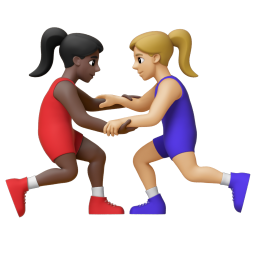 Emoji Những người phụ nữ chơi vật: màu da tối, màu da sáng trung bình 👩🏿‍🫯‍👩🏼 dạng 3D