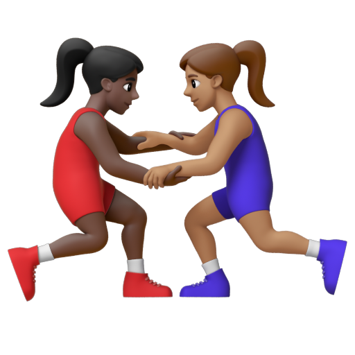 Emoji Những người phụ nữ chơi vật: màu da tối, màu da trung bình 👩🏿‍🫯‍👩🏽 dạng 3D