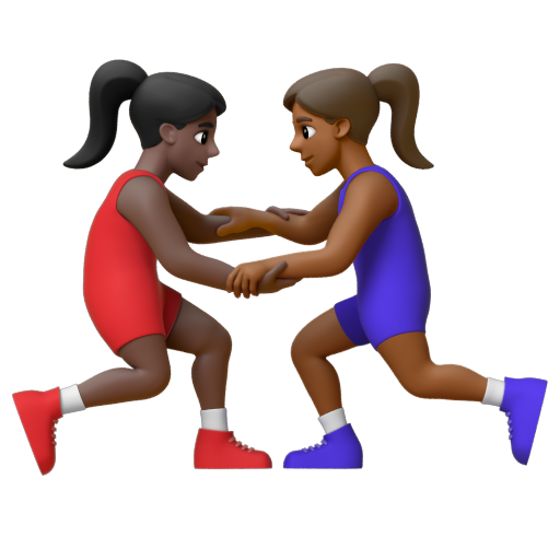 Emoji Những người phụ nữ chơi vật: màu da tối, màu da tối trung bình 👩🏿‍🫯‍👩🏾 dạng 3D