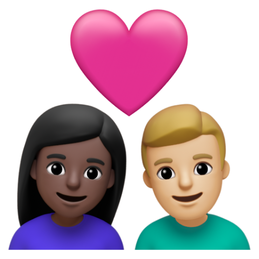 Emoji Cặp đôi với trái tim: phụ nữ, đàn ông, màu da tối, màu da sáng trung bình 👩🏿‍❤‍👨🏼 dạng 3D
