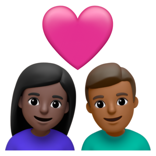Emoji Cặp đôi với trái tim: phụ nữ, đàn ông, màu da tối, màu da tối trung bình 👩🏿‍❤‍👨🏾 dạng 3D