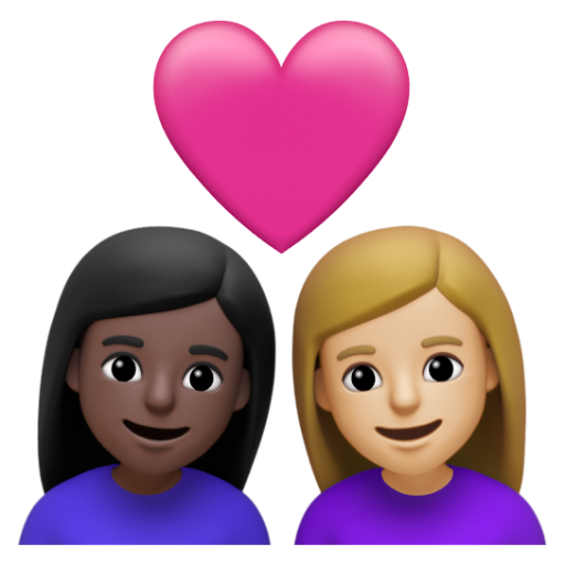 Emoji Cặp đôi với trái tim: phụ nữ, phụ nữ, màu da tối, màu da sáng trung bình 👩🏿‍❤‍👩🏼 dạng 3D