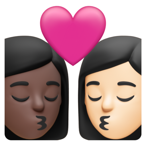 Emoji Nụ hôn: phụ nữ, phụ nữ, màu da tối, màu da sáng 👩🏿‍❤‍💋‍👩🏻 dạng 3D
