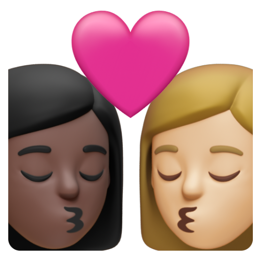 Emoji Nụ hôn: phụ nữ, phụ nữ, màu da tối, màu da sáng trung bình 👩🏿‍❤‍💋‍👩🏼 dạng 3D