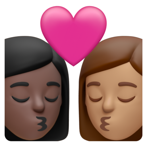 Emoji Nụ hôn: phụ nữ, phụ nữ, màu da tối, màu da trung bình 👩🏿‍❤‍💋‍👩🏽 dạng 3D