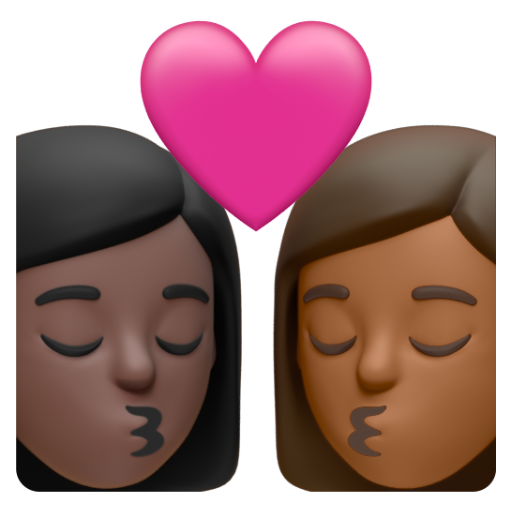 Emoji Nụ hôn: phụ nữ, phụ nữ, màu da tối, màu da tối trung bình 👩🏿‍❤‍💋‍👩🏾 dạng 3D