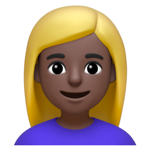 Emoji Người phụ nữ tóc vàng hoe: màu da tối 👱🏿‍♀ dạng 3D