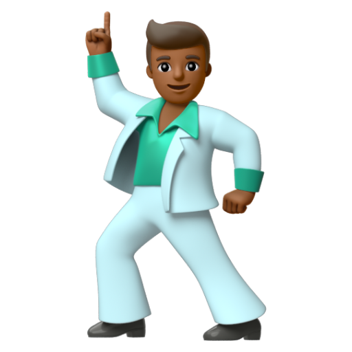 Emoji Người đàn ông đang khiêu vũ: màu da tối trung bình 🕺🏾 dạng 3D