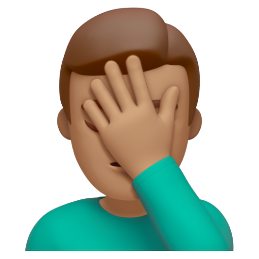Emoji Người đàn ông lấy tay che mặt: màu da trung bình 🤦🏽‍♂ dạng 3D